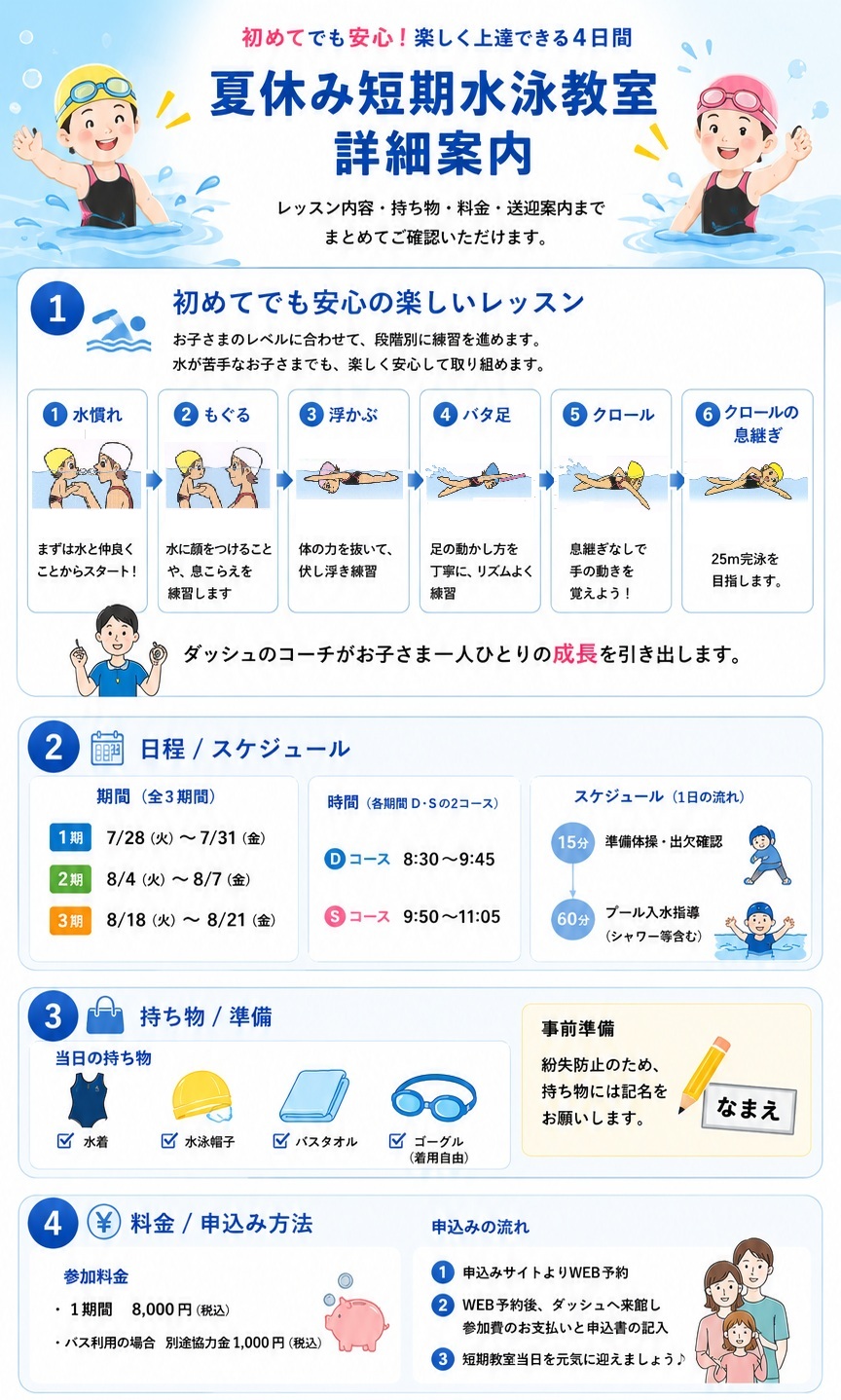 ダッシュスイミングスクール新潟　夏休み短期水泳教室詳細案内